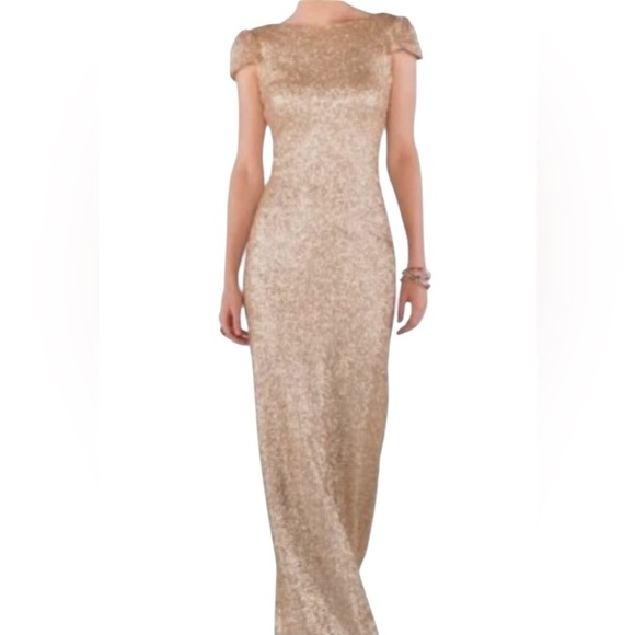 Sorella Vita Cowl Back Sequin Gown Drape Back Gold Cap Sleeve Maxi Dress Sz: 16 - Picture 1 of 15